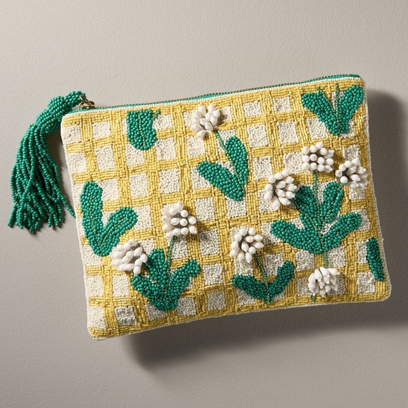 Anthropologie Fiona Large Beaded Pouch Yellow Lattice Floral Top Zipper Closure - Picture 1 of 12